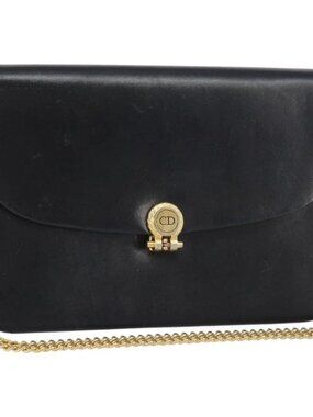 Christian Dior Chain Shoulder Bag Leather Black Gold
